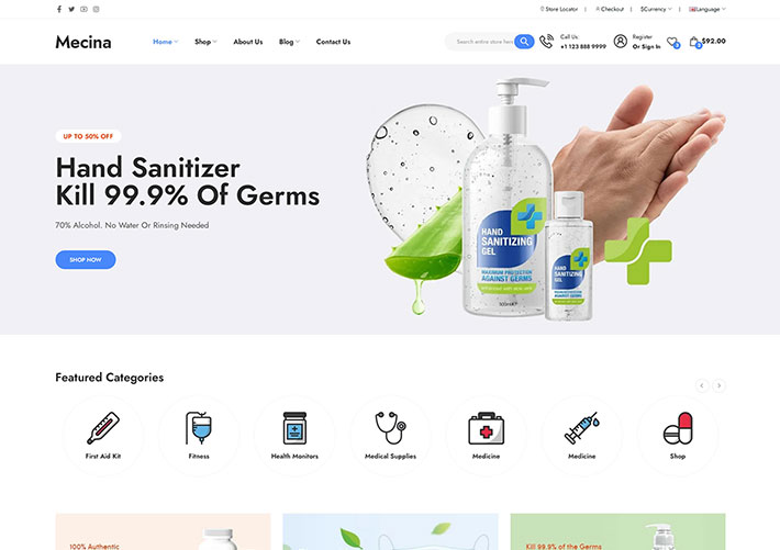 響應式HTML5藍色醫療用品電商網站網頁HTML源碼模板