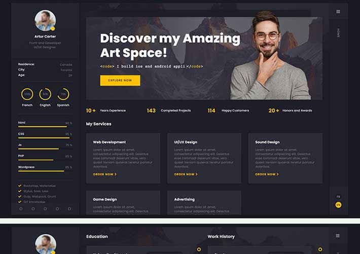黑色個人主頁個人簡歷介紹網站網頁HTML源碼模板