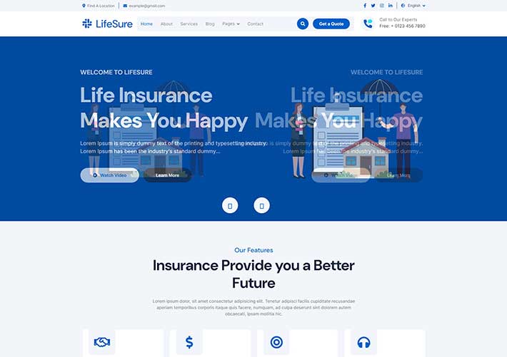 藍色風格保險服務公司HTML5網站網頁源碼模板